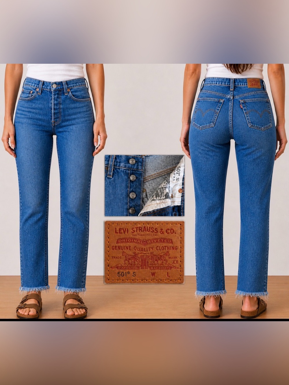 -Levi's 501 UNIQUE Skinny Button Fly Raw Hem Stretch Fabric Jeans Women's 24/28